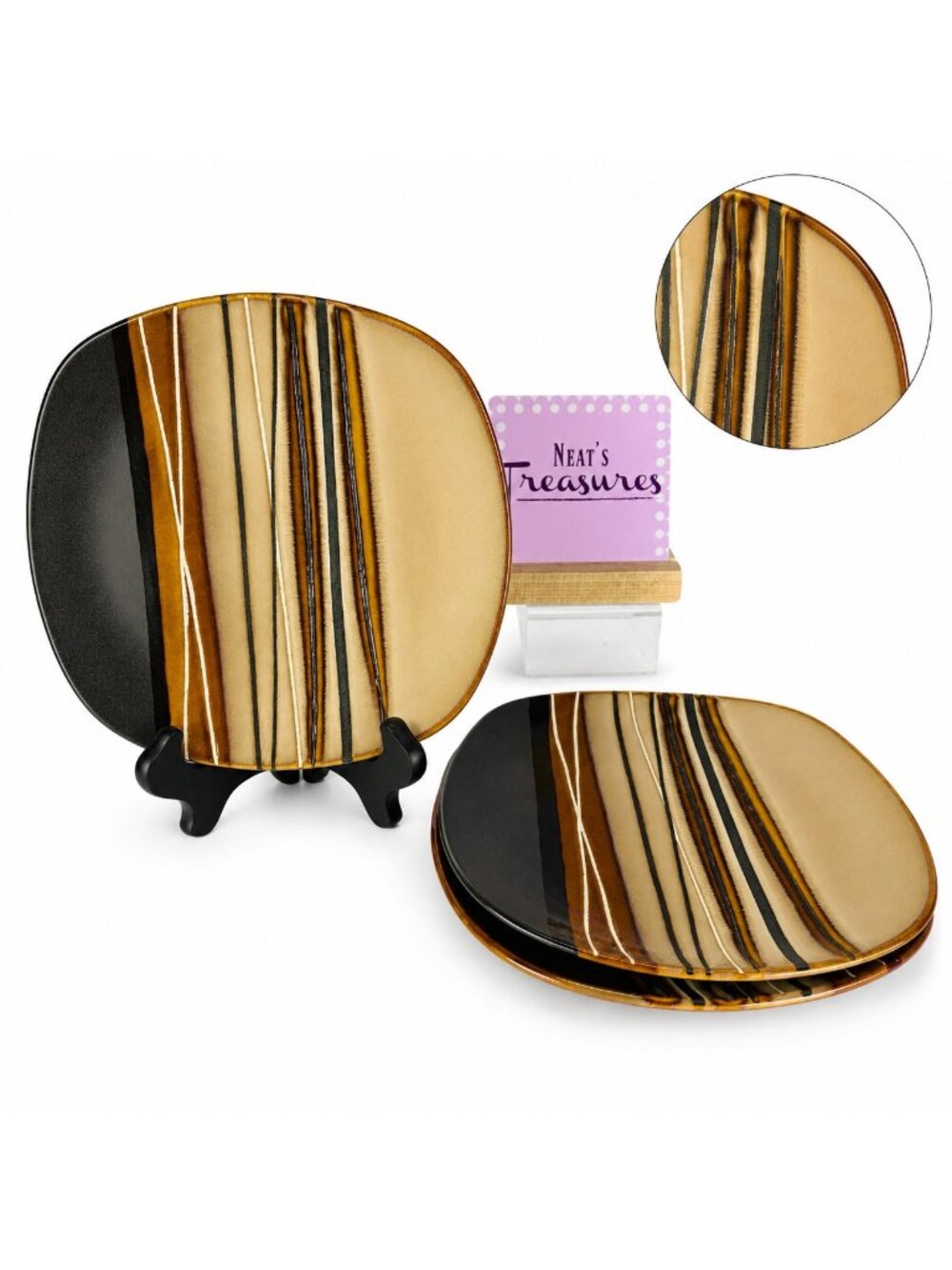 Home Trends BAZAAR BROWN Stoneware Square Emboss Stripe Lunch Salad Plate Set 3